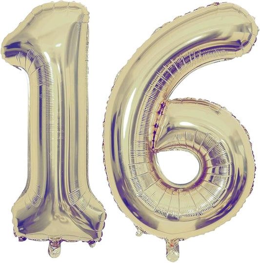 Champagne Gold 16 Number Balloons, 40 Inch Giant Number 16 Balloons Foil Mylar Helium Light Gold Number Balloons for 16th Birthday Party Supplies Anniversary Event Celebration Decorations