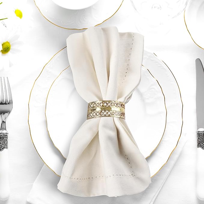 Urban Villa Cloth Napkins Ivory Hemstitch Dinner Napkins Set of 12 20X20 Inches 100% Cotton Absorbent Washable Durable Reusable Ideal for Farmhouse Party Thanksgiving Harvest Fall Dinner Napkins