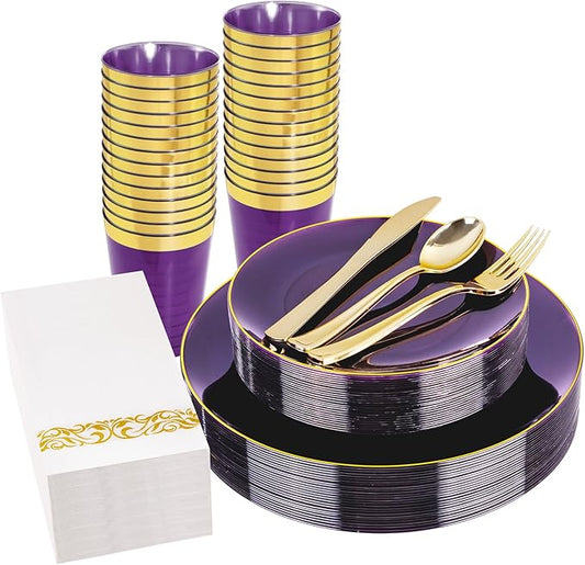 YOUBET 175PCS Purple Plastic Plates - Purple and Gold Disposable Plates Include 50 Plate, 75 Silverware, 25 Cups, 25 Napkins for Wedding & Party