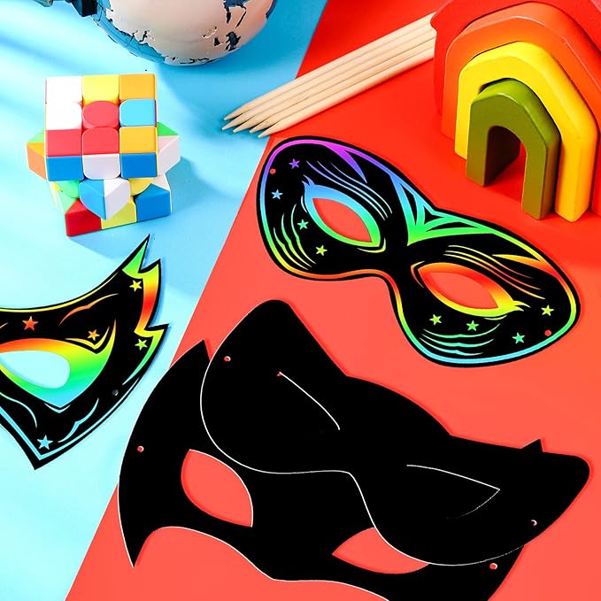 Deekin Mardi Gras Scratch Masks for Kids, Mardi Gras Crafts Rainbow Hero DIY Masks Craft Kit for Dress up Party Favor