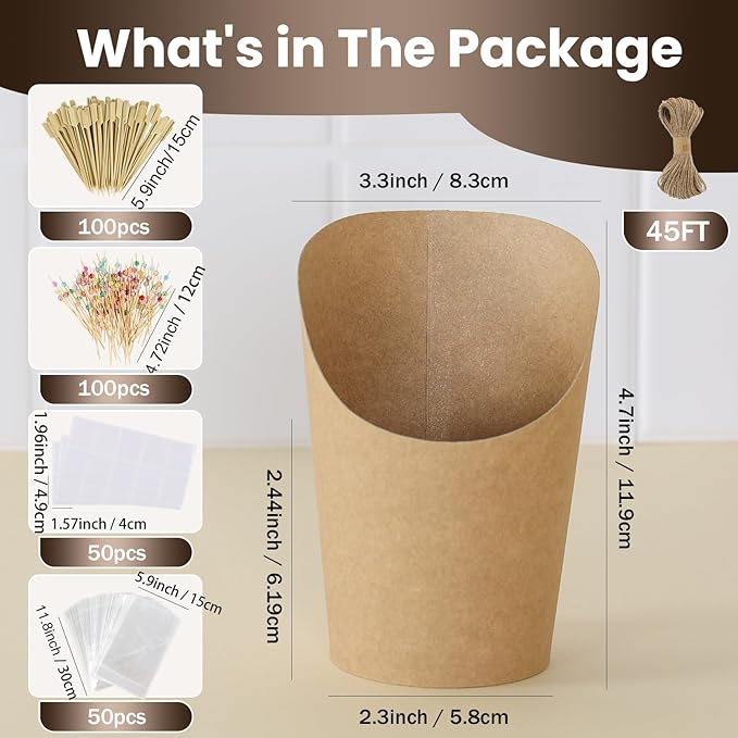 50 Pack 14oz Charcuterie Cups with Sticks and Bags, Brown Paper Charcuterie Cup, 200 Picks+50 Bags+50 Labels, Disposable Snack Cups for Parties, Weddings, Picnics, Appetizers & French Fries