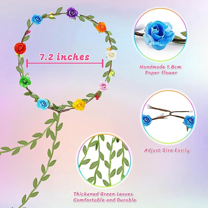 Assorted Colored Flower Crown, Wreath Headband Floral Headpiece Party Festivals, Garland Multicolor Headbands