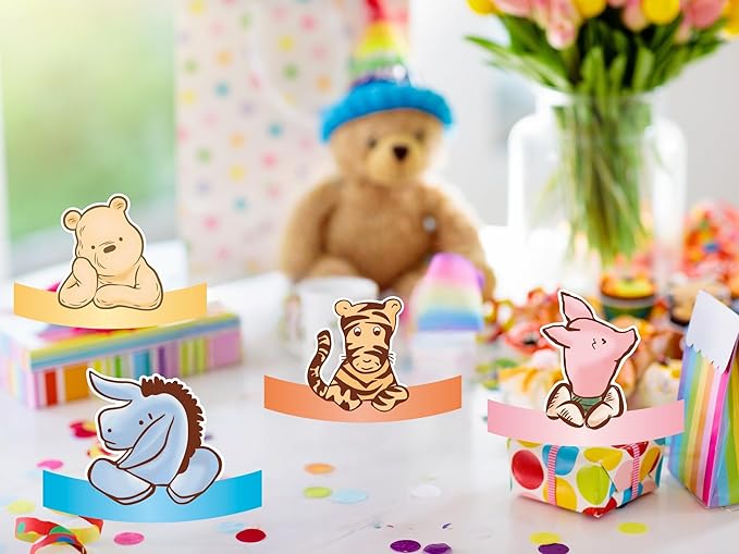 16PCS Winnie Party Hats For Kids Birthday Paper Crown Headband Cute Hats Bulk For Pooh Baby Shower Decorations Newborn Party Supplies Favors