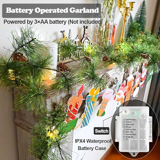 Christmas Garland with LED Fairy Lights 13FT Battery Operated Smokey Pine Garlands with 8 Flash Modes and Timer Pine Cones Artificial Greenery Garland Rustic Garlands for Xmas Holiday Home