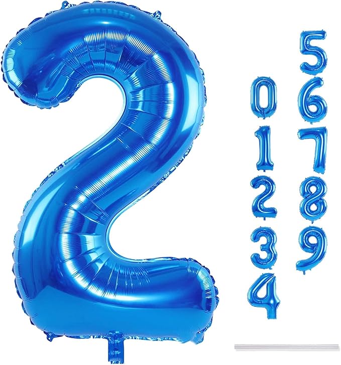 Blue 2 Balloons, 40 Inch Large Foil Number Balloons Set 0-9, Self Inflating Digital 2 Helium Balloon for Boys Men 2nd 12th 20th Age Birthday Anniversary Party Decorations Photo Shoot Supplies