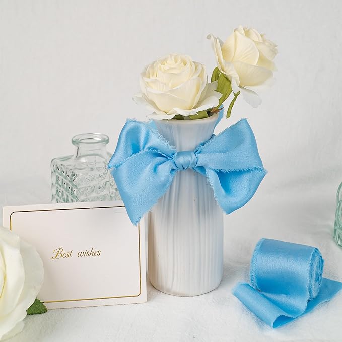 Satin Silk Ribbon, Light Blue Ribbon for Wrapping, 1-1/2 inch x 15 Yd Handmade Frayed Fringe Ribbons, for Wedding Engagement Birthday Shower Craft Flower Bouquet Invitation Decor, 3 Rolls