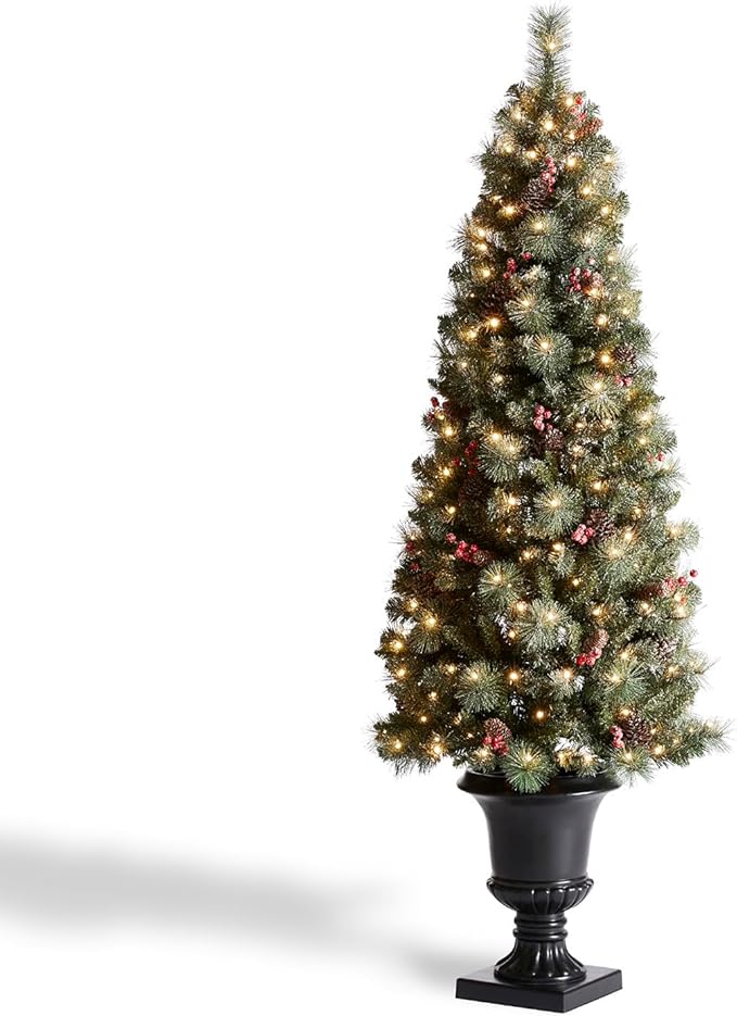 Glitzhome 6 FT Pre-Lit Artificial Christmas Tree, Lighted Entrance Tree Frosted Pine Cones and Berries Christmas Porch Tree with 200 Warm White Lights for Front Door Porch Entryway Holiday Home Decor