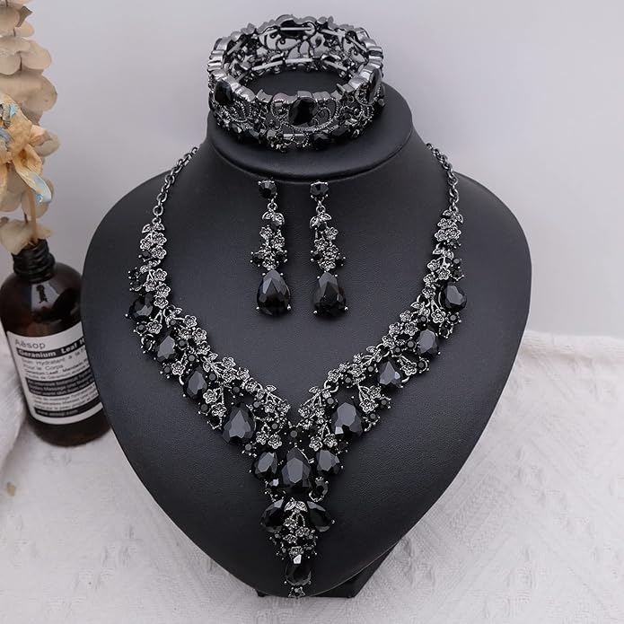 CSY Elegant Crystal Costume Jewelry Sets Flower Bridal Necklace Earrings Stretch Bangle Set for Bride Bridesmaid Wedding Dress Accessories