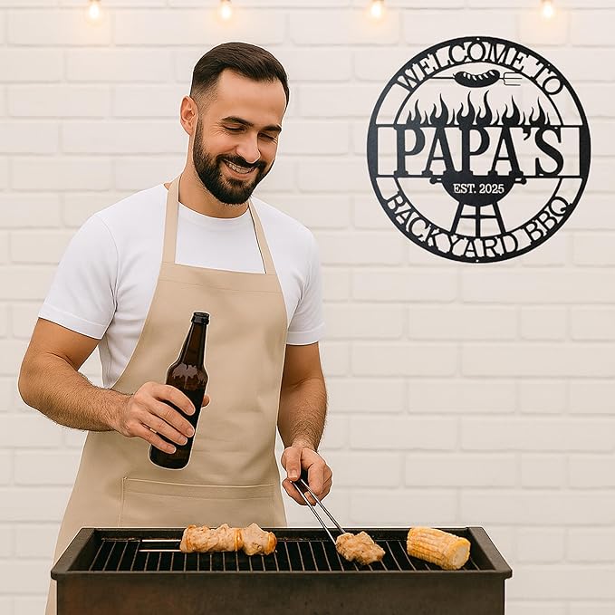 Custom BBQ Metal Sign Personalized Grill Name Wall Art for Outdoor Kitchen Patio Backyard Decor Fathers Gift for Dad Grandpa Husband Barbecue Smoker Area Sign, Grilling Lover Gifts 26