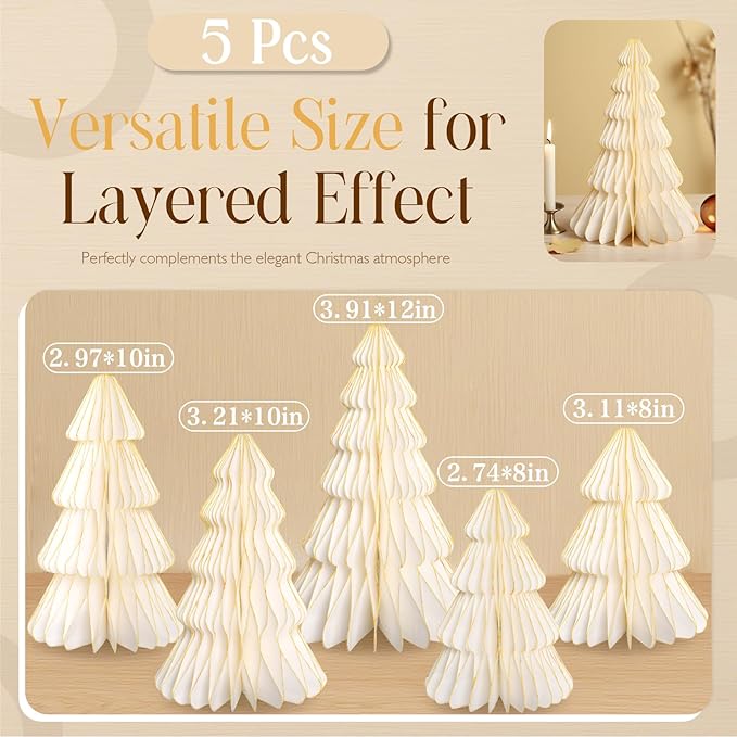 5 Pcs Christmas Table Decorations Indoor, 3D Honeycomb Paper Christmas Trees, Light Up Vintage Table Centerpieces for Christmas Winter Wonderland Holiday Party Weddings Home Decor, 8/10/12 Inch