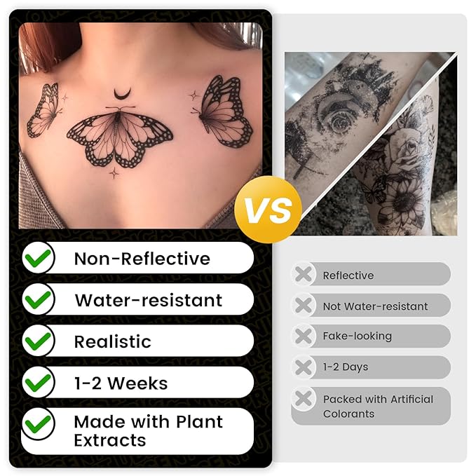 2 Sheets Semi Permanent Tattoos, Temporary Tattoo for Women, Lasts 7-15 Days Water-Resistant Fake Tattoo Stickers, Realistic Flower Design for Party (7.5x4.8 in), Non-Reflective & Safe for Skin