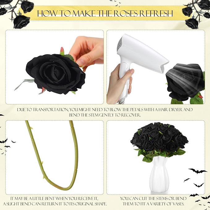 Hotop 80 Pcs Rose Artificial Flowers Bulk with Long Stem, Silk Roses Realistic Fake Flowers Bouquet for Wedding Table Centerpieces Bridal Shower Party Home Decorations(Black)
