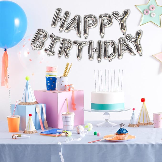 75pcs 16" Happy Birthday Balloon Banner, Silver Balloons Letters, Personalized Mylar Foil Birthday Decorations includes 2 Sets A- Z, 1 set Number 0-9 "HAPPY BIRTHDAY" letters