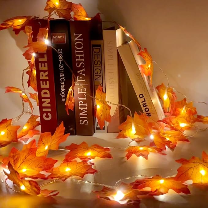 AKIT Maple Leaves Garland Fall Decor Outdoor String Lights Waterproof 45 LED String Lights with Timer, Fall Garland Leafs Lights Fall Decorations for Home Thanksgiving Decor Indoor
