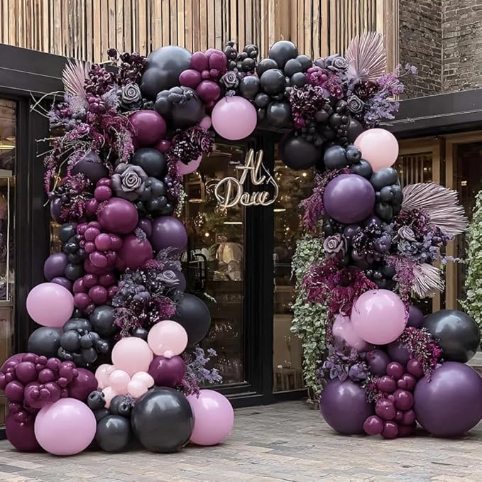 Black Pink Purple Balloons Double Stuffed Dark Plum Mauve Pink Pastel Lavender Lilac Balloon Garland Arch Kit for Wednesday Addams Halloween Birthday Baby Shower Wedding Goth Party Decorations