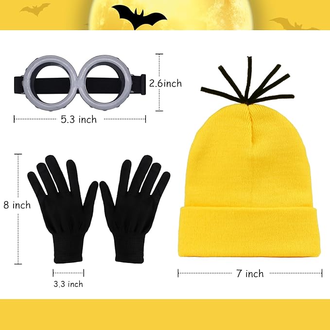 3Pcs Halloween Yellow Costumes Accessories, Steampunk Goggles Glasses/Black Gloves/Yellow Beanie Hat for Adults Men Women Cosplay Party Christmas Birthday Set