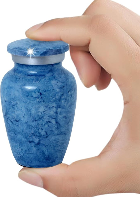 Small Keepsake Urn for Human or Pet Ashes – Handcrafted Light Blue Marble Mini Urn with Velvet Bag & Gift Box | Durable Metal Memorial Token Jar for Baby, Infant, Pet or Loved One – 3 Cu in