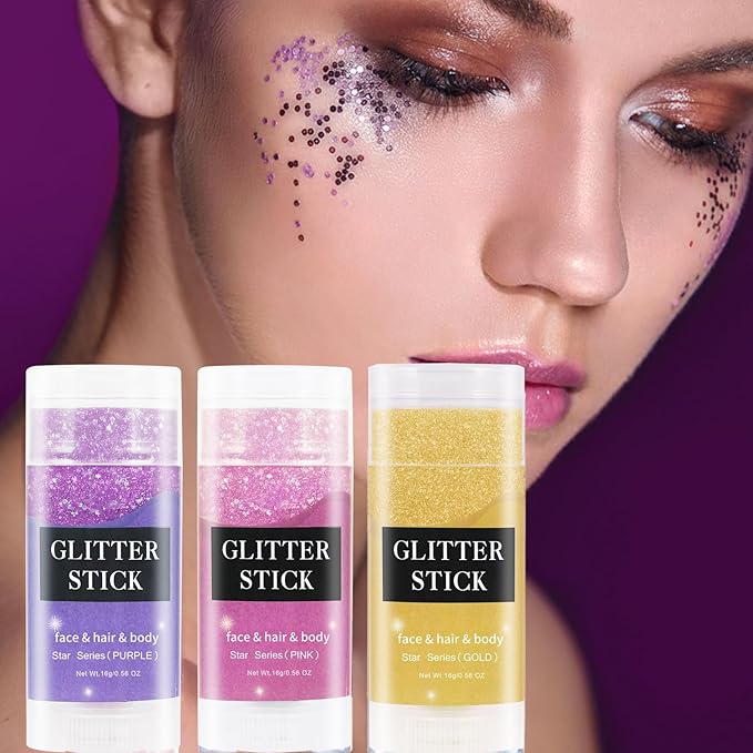 MEICOLY Purple Hair Glitter Stick,Halloween Mermaid Face Glitter Paint,Mardi Gras Outfit for Women Accessories,Waterproof Body Glitter Chunky Makeup,Body Glitter for Spirit Week Costume