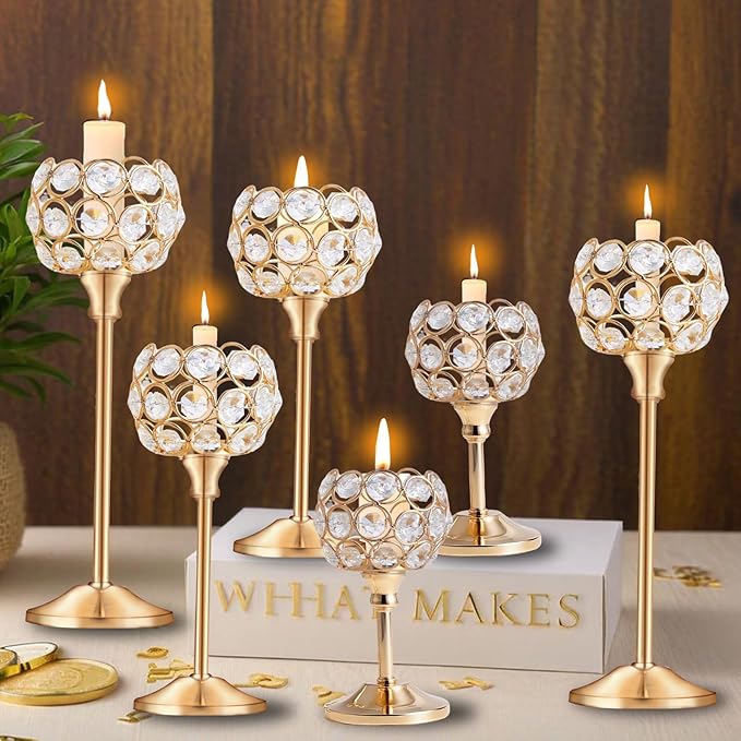 Crystal Candle Holders Set of 16 for Wedding Centerpieces Gold Or Silver Candle Holders Bulk Decorative Tealight Candle Holder for Wedding, Party,Table Centerpieces Decoration (Golden, 2 Sets(6 Pcs))