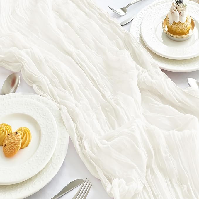 IVAPUPU 1 Pcs Cheesecloth Table Runner - 10ft Ivory White Boho Gauze Cheese Cloth Table Runners for Baby Shower Decoration Wedding Party Summer Garden Farmhouse