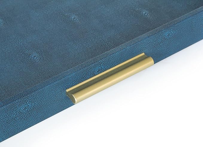HofferRuffer Extra Large Square Serving Tray, Elegant Faux Leather Ottoman Tray with Gold Hardware Handles, Serve Tea, Coffee or Breakfast in Bed, 24 x 24 inches (Navy Blue Shagreen)