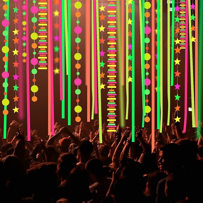 496 ft Neon Streamers Paper Glow Party Garland Hanging Decorations UV Black Light Reactive Glow in The Dark Birthday Party Supplies Neon Stars Round Dot Banner Garland Wedding Fluorescent Kit