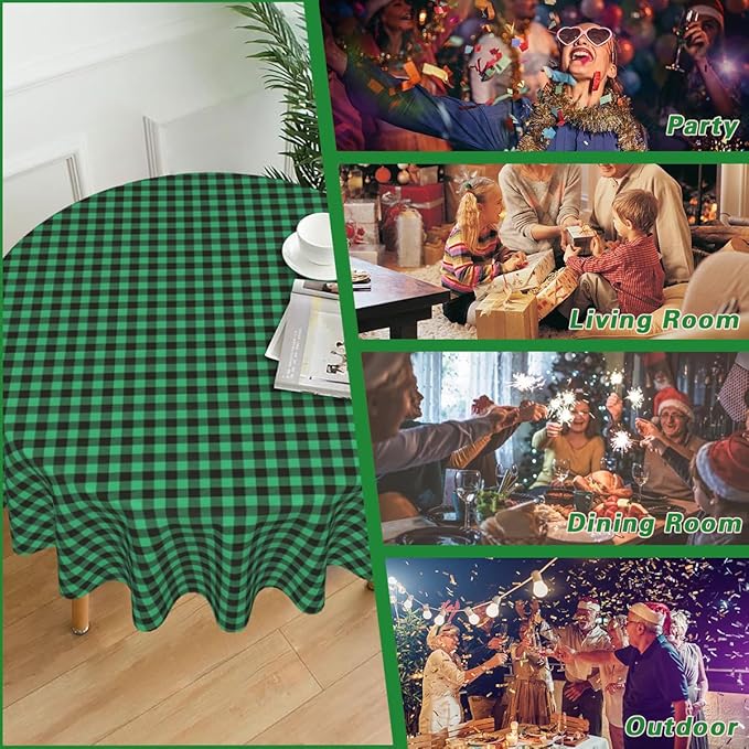 Round Checkered Vinyl Christmas Tablecloth with Flannel Backing 70 Inch, Waterproof Wipe Clean Buffalo Plaid Plastic Table Cloth, Heavy Table Cover for Party, Indoor, Outdoor, Green and Black