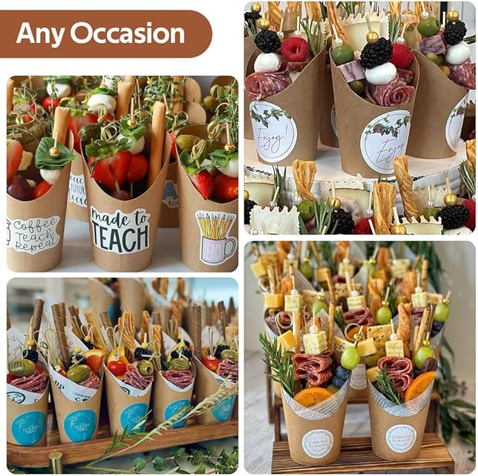 100 Sets 12 oz Charcuterie Cups with Sticks, 300 Picks + 100 Bags + 100 Labels, Individual Charcuterie Cups, Brown Paper Snack Cups Disposable French Fry Cups for Parties, Catering