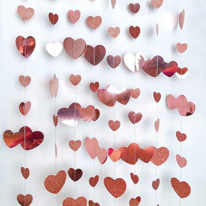 Valentines Day Party Decorations Rose Gold Heart Garland Hanging Paper Love Heart Streamer Banner for Anniversary Mothers Day Bachelorette Engagement Wedding Bridal Shower Birthday Hen Party Supplies