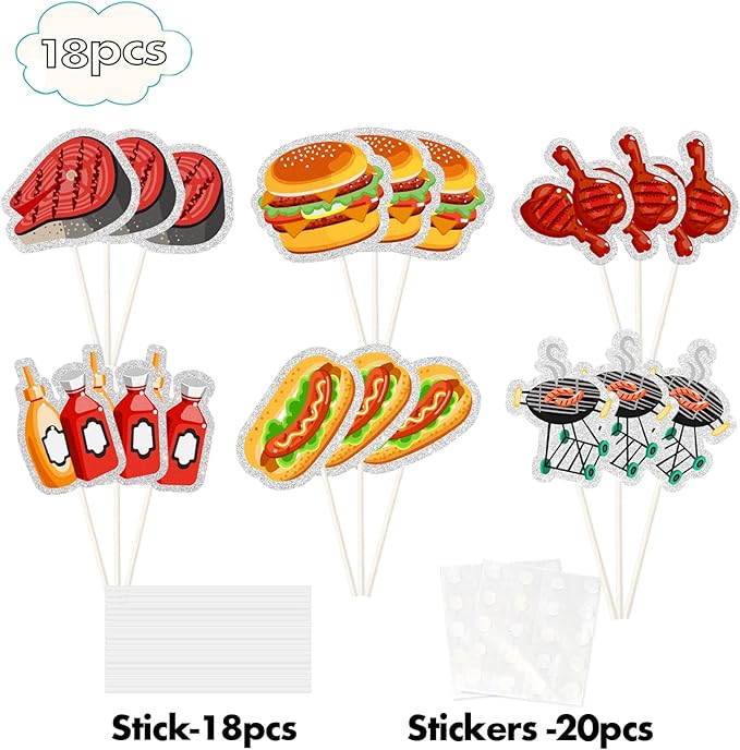 18Pcs BBQ Theme Cupcake Toppers - BBQ Time Summer Cupcake Decorations - Grilling Barbeque Burgers - Friends Family Activity Gathering Holiday Party Decorations