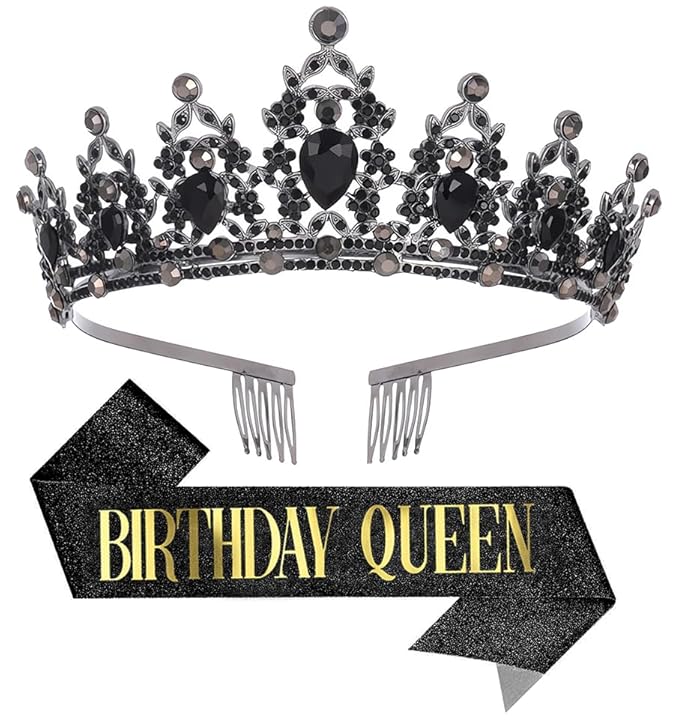 Birthday Tiara Crown with Sash for Women, Headband Hair Accessories for Wedding Party Costume Black