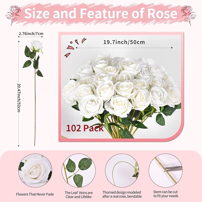 102 PCS Fake Roses Artificial Flowers Bulk, White Roses Bridal Bouquet Silk Faux Rose with Stems for Wedding Flowers Decoration, Valentine's Day, Bridal Bouquet, Anniversary,Home Decor(102PCS, White)
