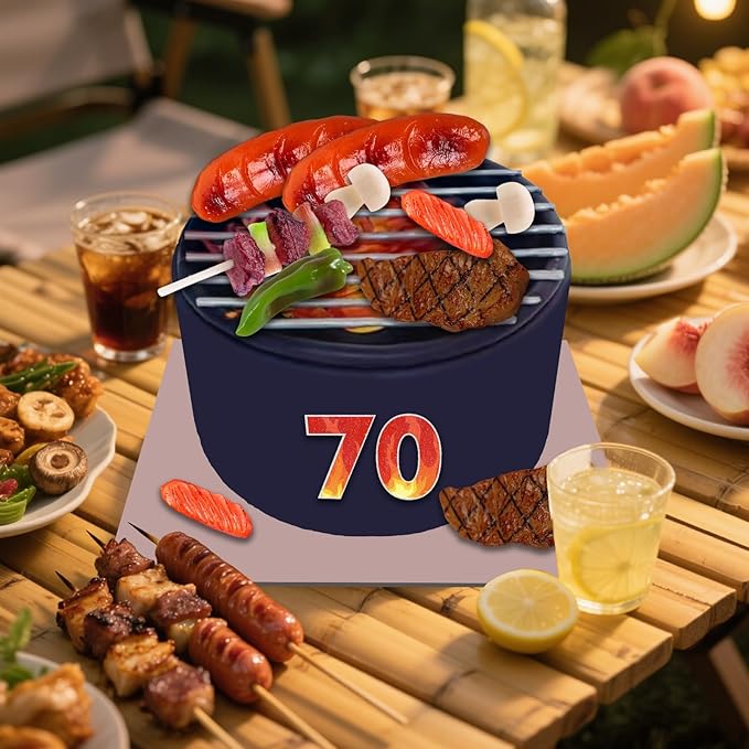 9 PCS BBQ Cake Topper Happy 70 Birthday Barbecue Decorations with Artificial Kebab and Hot Dog for Boys Girls Birthday Party Picnic Camping BBQ Theme Party Supplies