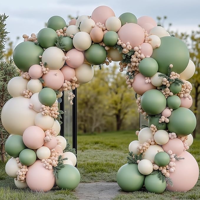 Sage Green Pink Balloon Arch Kit, Double Stuffed Dark Dusty Green Light Pink Sand White Beige Balloons Garland Kit for Birthday Wedding Jungle Safari Spring Fall Boho Party Decoration