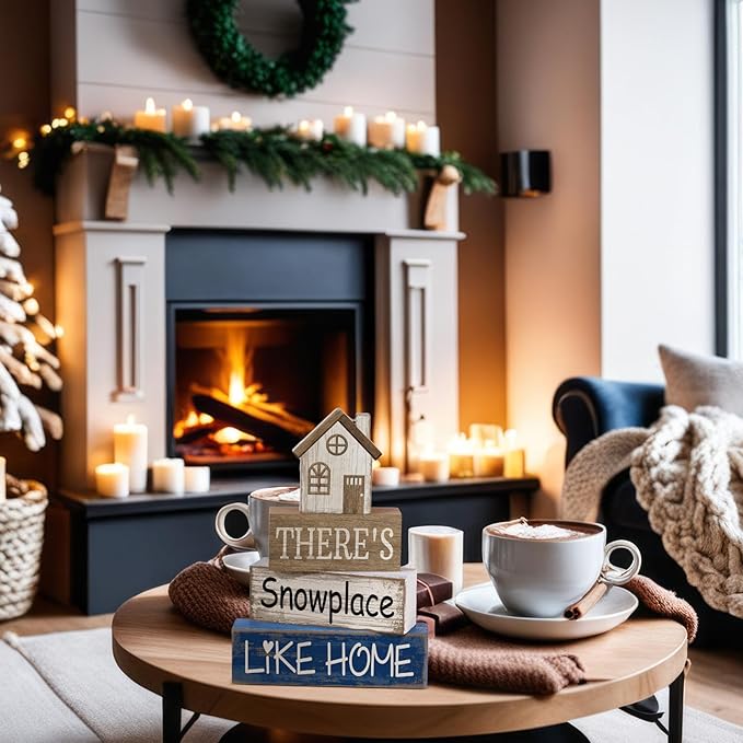 4 Pcs Christmas Table Decor Winter house Wooden Table Decorations Rustic Signs Tiered Tray Decor Wood Farmhouse Vintage Ornaments Winter Christmas Gift for Kitchen Home Desk