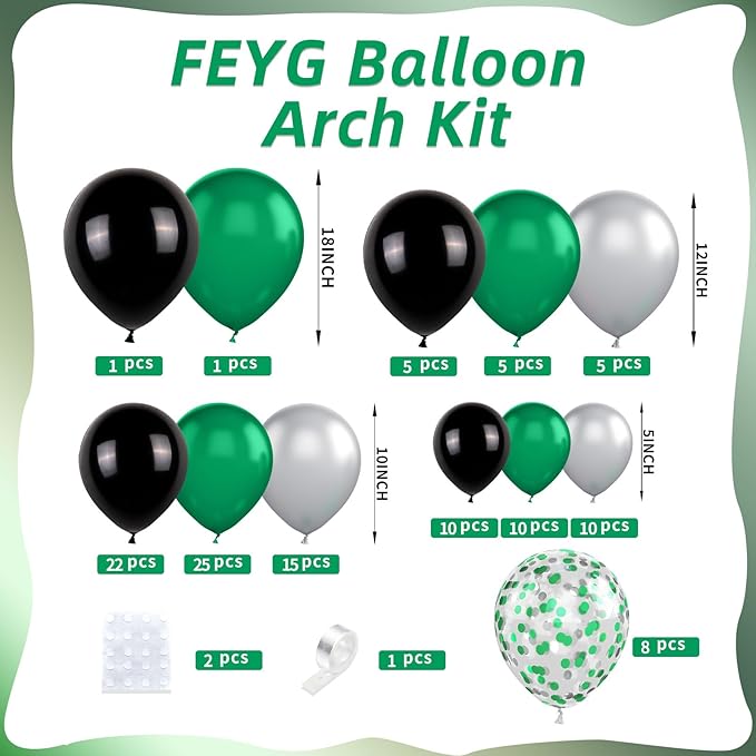 FEYG Green and Black balloon arch kit, 120Pcs Black Green Silver Balloon garland kit Green Silver foil Hunter green balloons for Boy Men Birthday Party 2024 graduation Spring Decorations