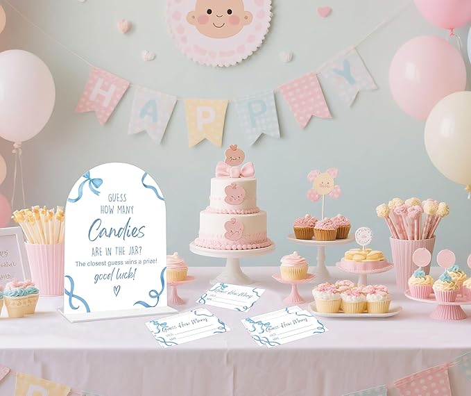 Baby Shower Games - Blue Bow Guess How Many Candies Are in the Jar Game, 1 Arch Acrylic Sign and 50 Guessing Cards, Gender Reveal Game, Blue Baby Shower Decoration Supplies (DT02)