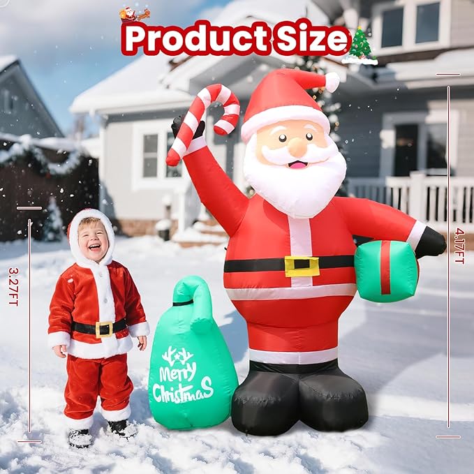 Christmas Decorations, 4.2FT Inflatable Santa Claus with Candy Cane and Gift Bag, Built-in LED Light and Blow Up Xmas Holiday Decor for Garden Lawn Yard Bistro Outdoor and Indoor