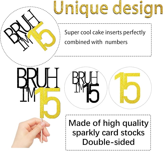 Bruh I'm 15 Cake Topper - Bro I'm 15, Happy Sweet 15 Ornament for Boys' 15th Birthday Party Supplies (Bruh I'm 15)