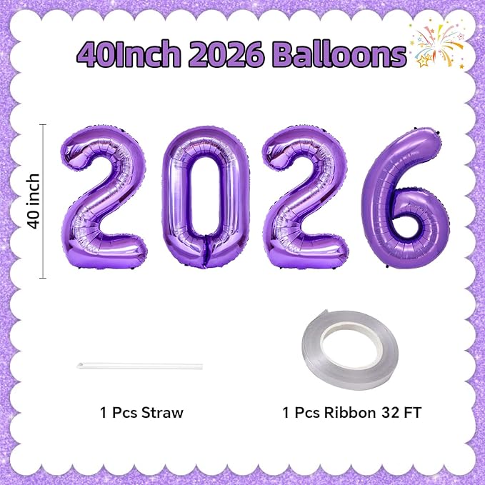 KALOR 42 Inch 2026 Purple Mylar Number Balloons, 2026 New Years Foil Balloon for 2026 Happy New Year Eve and Graduations Decorations Party Supplies