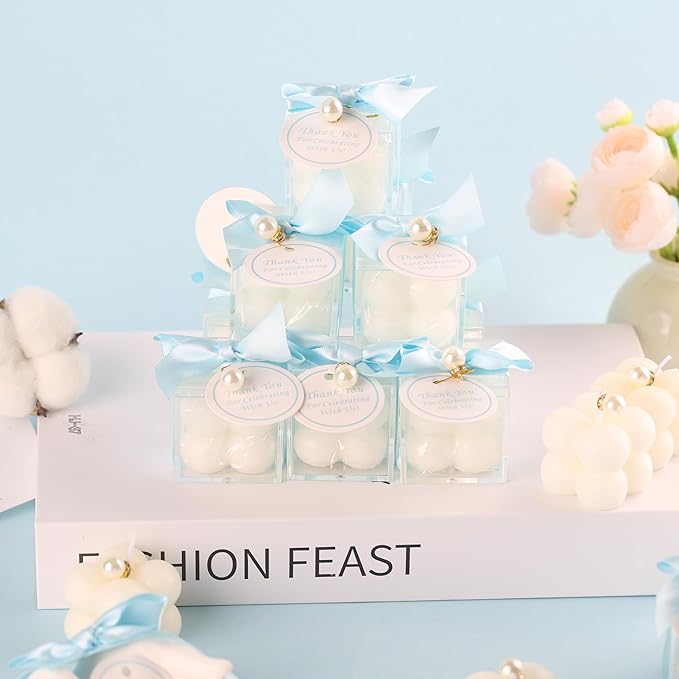 20 Pcs Small Bubble Candles Elegant Party Favors Bulk Set with Decorative Ribbons Thank You Cards for Bridal Shower Guest Gifts (20, Blue)