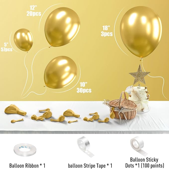 Gold Balloons Different Sizes, 113PCS Metallic Gold Balloon Garland Arch Kit 18/12/10/5 Inch Chrome Gold Helium Party Balloons Gold Metallic Latex Balloons for Birthday Baby Shower Wedding Decorations