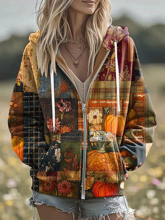 OSCORP Women’s Boho Patchwork Floral Embroidered Hoodie, Vintage Mixed Pullover Sweatshirt with Drawstring for Fall Winter