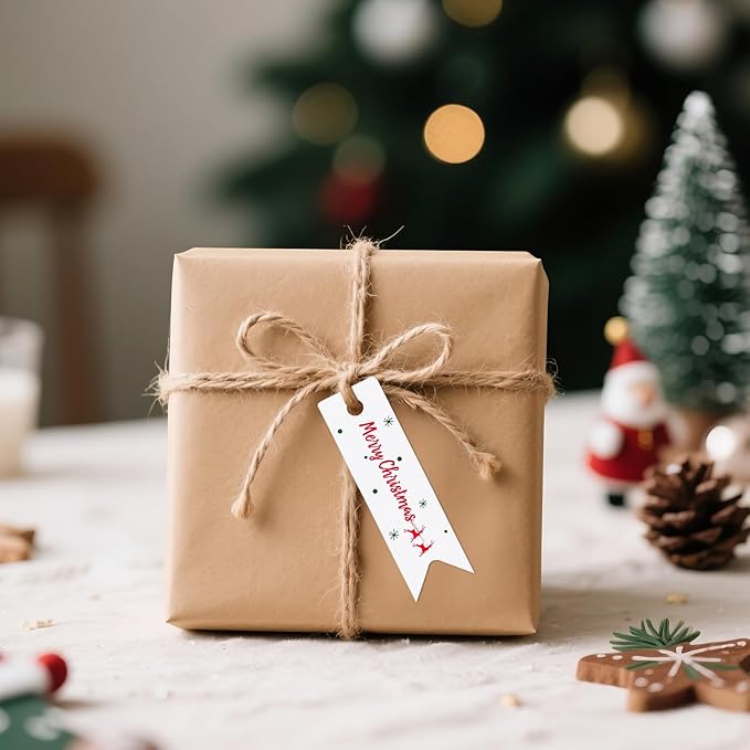 G2PLUS Small Merry Christmas Tags - 100Pcs Deer Xmas Present Tags, 2.8''x0.8'' White Paper Gift Tag with String for Gift Wrapping, Goodies Bags, Christmas Holiday Party Favors