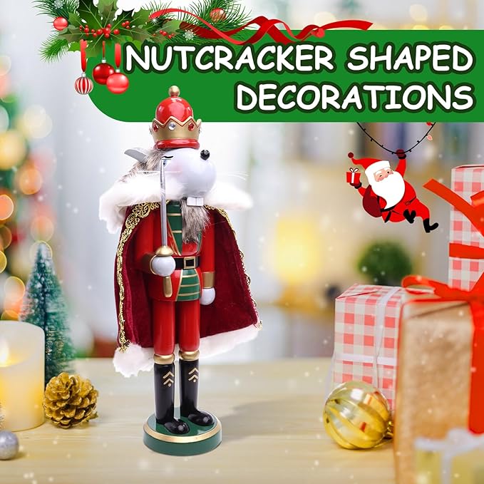 11" Wooden Mouse King Nutcracker, Festive Christmas Decoration, Handcrafted Mouse Themed Nutcracker Collectible Christmas Decor for Tabletop, Shelves, and Fireplace Mantel