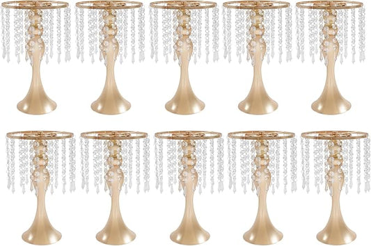 Wedding Centerpieces Gold Vases,10PCS Metal Flower Candle Holder with Sparkling Crystal Beads,Crystal Flower Vase Metal Flowers Stand for Party Tables Decorations