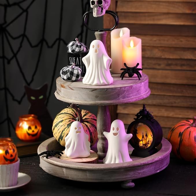 Halloween Ghost Decorations - 3 Pcs Gothic Ceramic Ghost Light Up Decor, White Ghost Figurine for Halloween Table Home Decorations Indoor