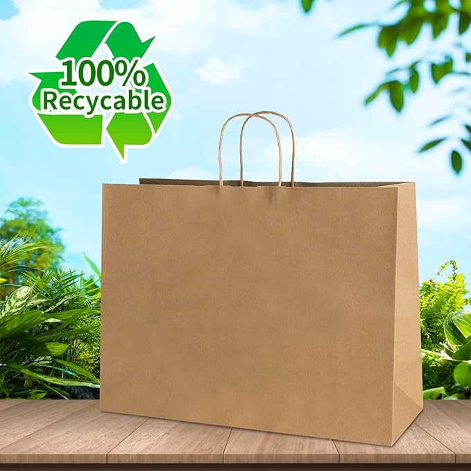 bagmad 50 Pack 16x6x12 Inches Large Plain Natural Brown Kraft Paper Bags with Handles Bulk for Shopping Wedding Grocery Retail Merchandise Business Craft Gift Bags(50 Count)