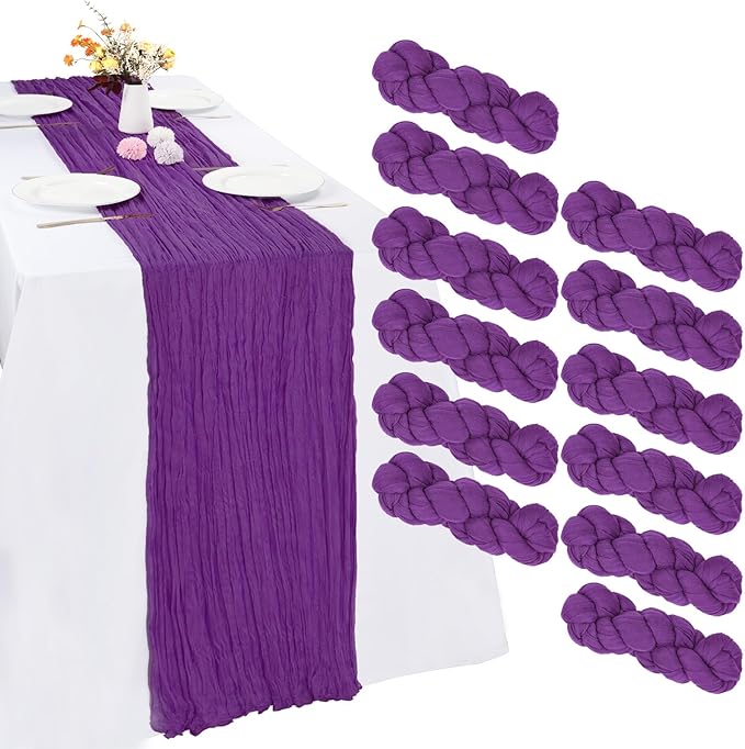 RestfulGlow12 Pack Purple Cheesecloth Table Runner 10FT Boho Gauze Fabric Table Runner 35 x 120 Inch Rustic Sheer Runner for Centerpiece Wedding Decor Baby Shower Party Table Decoration（Purple）