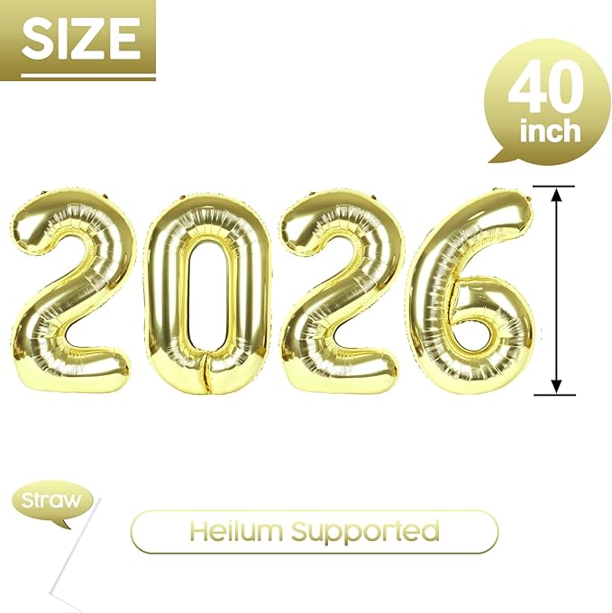 2026 Balloon - Light Gold Birthday Number Balloons, 40 Inch Large Foil Balloons for Men Women Boys Girls Light Gold Themed Birthday Decorations，Number 2026 Balloon
